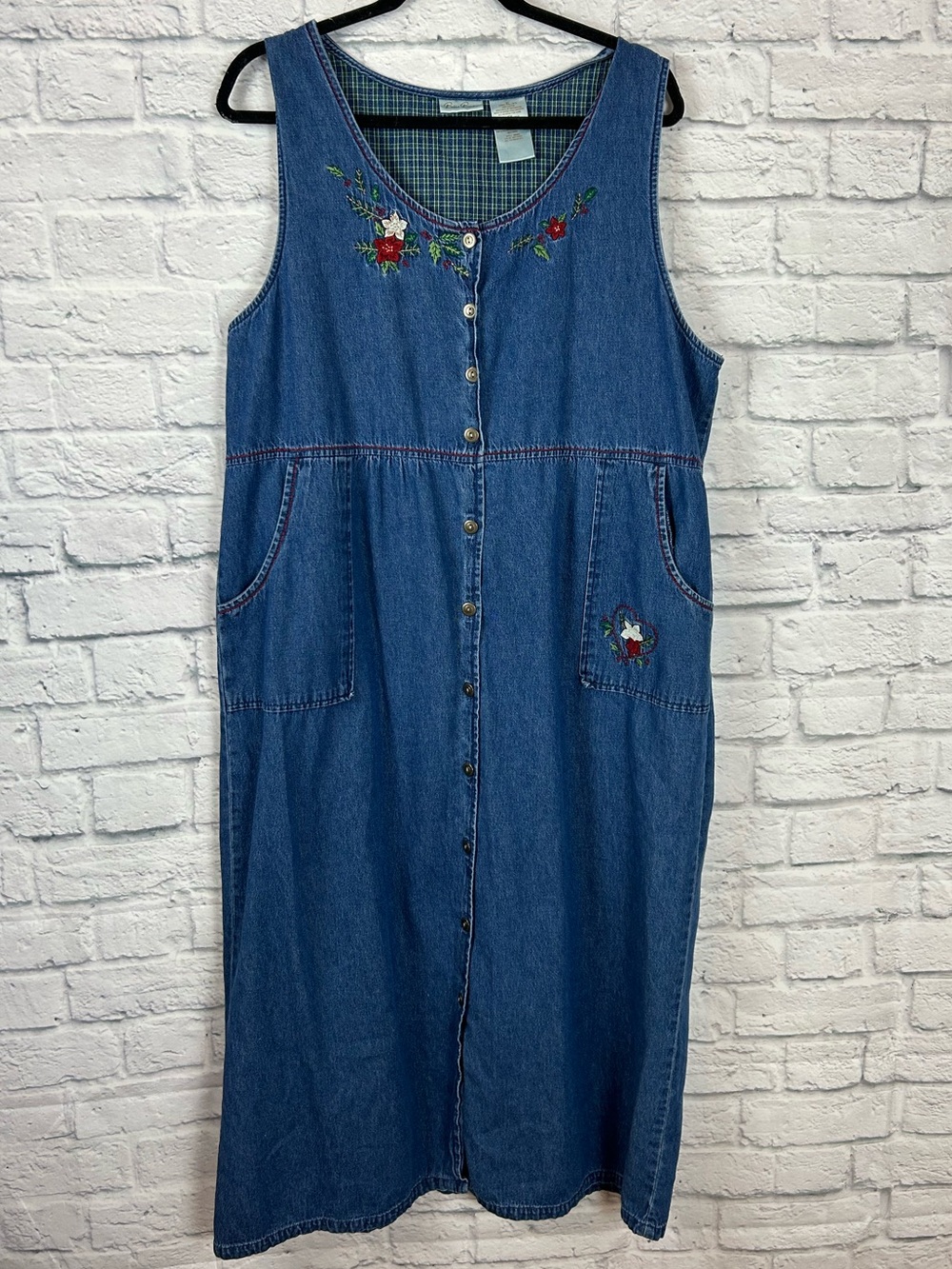 Bobbie Brooks Denim Jumper Dress XL Embroidered Floral Button Front Cottagecore